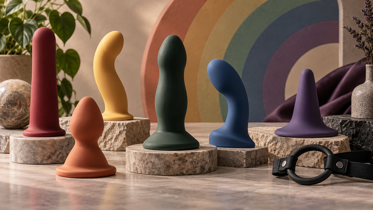 Inclusive adult wellness flat lay with varied non-anatomical product forms, bases and harness ring