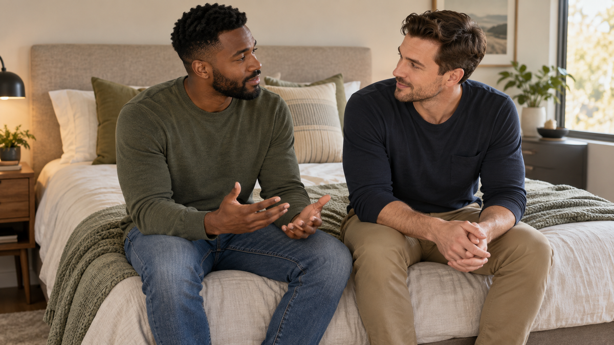 Two adult men discussing comfort and boundaries in a calm bedroom