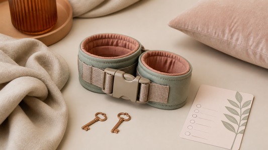 Soft padded cuffs quick-release buckle and spare keys on a neutral surface