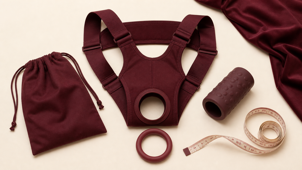 Hollow strap-on harness sleeve and measuring tape
