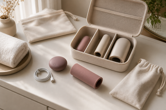 Clean dry personal wellness devices stored separately in pouches and a divided organizer