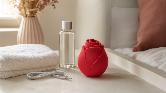 Rose-shaped external wellness device with towel, lubricant, and charging cable