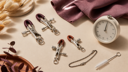 Adjustable padded nipple clamps, timer and cleaning tools arranged for a safety guide
