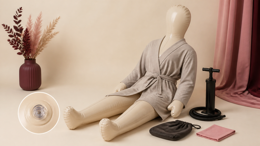 Inflatable companion mannequin with manual pump, valve, storage bag and cleaning cloth