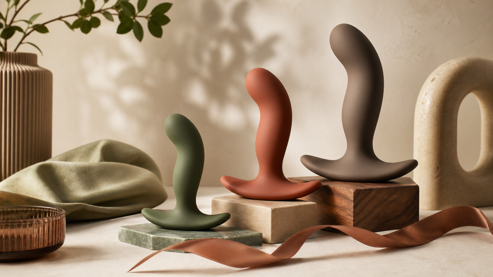 Large prostate massager size progression with curved shapes and wide safety bases
