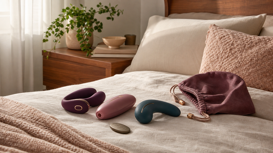 Tasteful adult wellness devices arranged in a warm bedroom for a beginner selection guide