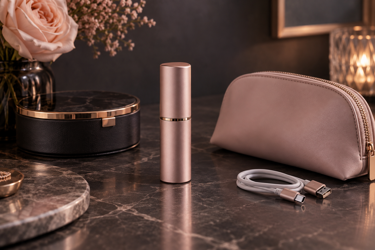 Discreet lipstick-shaped vibrator with pouch and charging cable