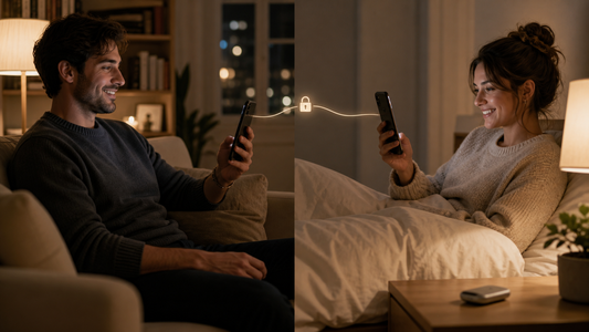 Two adults connecting by phone from separate homes with a privacy lock icon