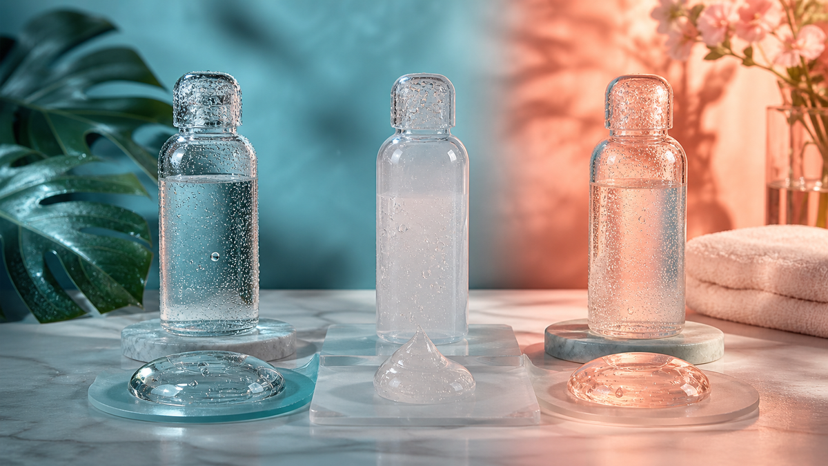 Three clear lubricant textures representing water, silicone and hybrid formulas