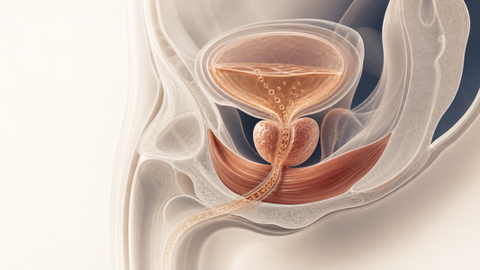 Medical illustration of the bladder, prostate, pelvic floor and urethral pathway