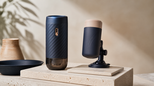 Air-pressure male stroker beside a device with a suction-cup mounting base