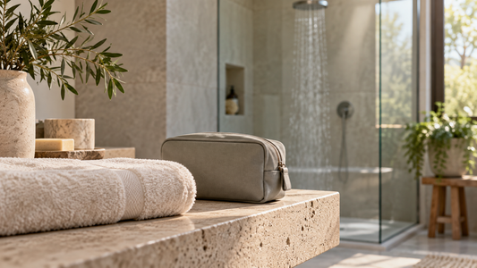 Dry towel and travel pouch on a bathroom shelf separated from a shower
