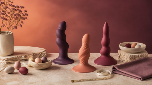 Abstract fantasy toy forms eggs measuring tape and care cloth on a warm neutral surface
