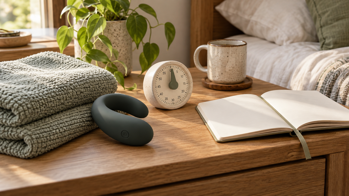 Discreet safer-touch wellness still life with towel, external massager, timer and blank notebook