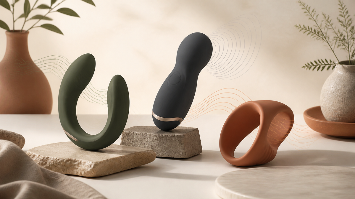 Three abstract external vibrator formats shown as a premium comparison still life
