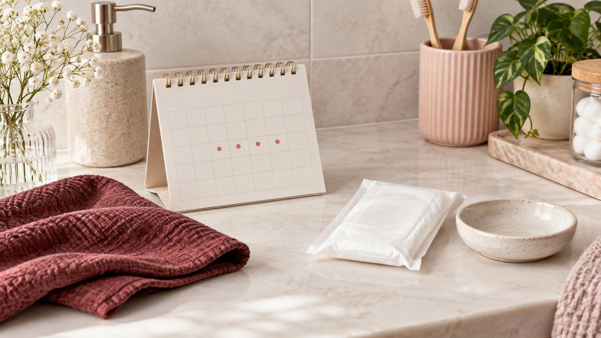 Menstrual calendar, folded cloth and plain pad on a clean counter