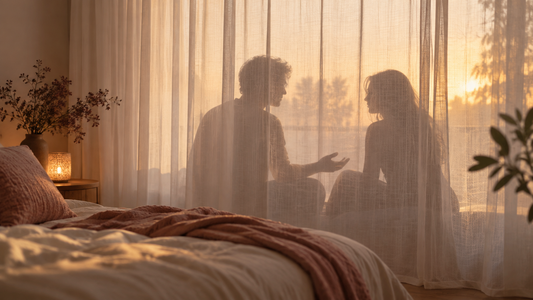Two adult partners communicating in a softly lit bedroom