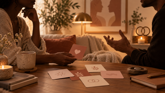 Two adults using abstract affirmation cards during a calm consent conversation