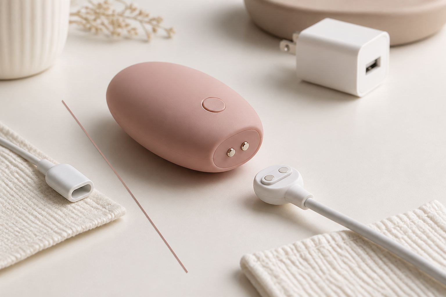 Compact rechargeable wellness device beside aligned magnetic charger and dry contacts