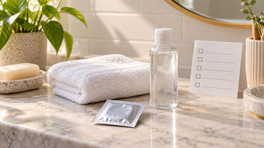 Clean towel, unopened barrier package and water-based lubricant for safer preparation