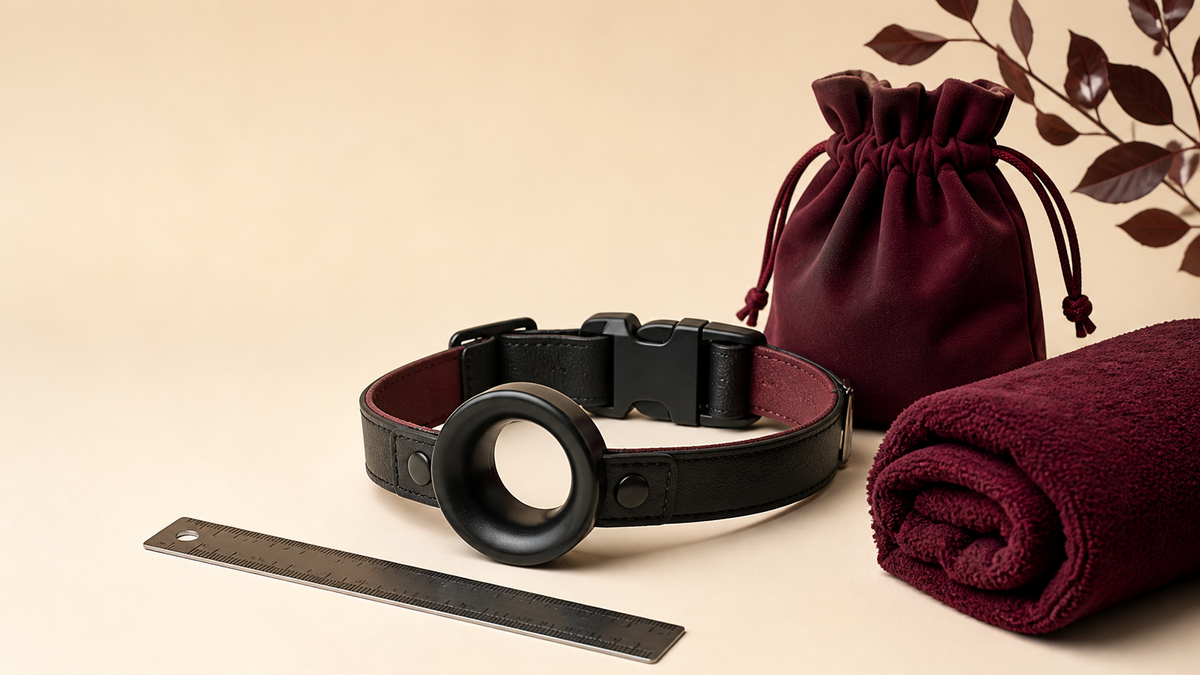 Ring gag accessory with adjustable strap, quick-release buckle, ruler and care towel