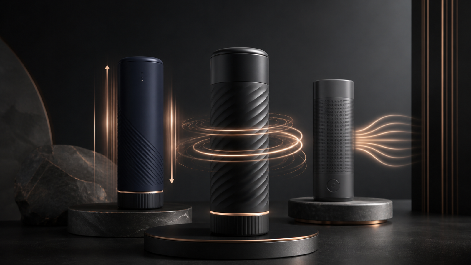 Three abstract rotating stroker designs illustrating rotation vertical motion and air pressure