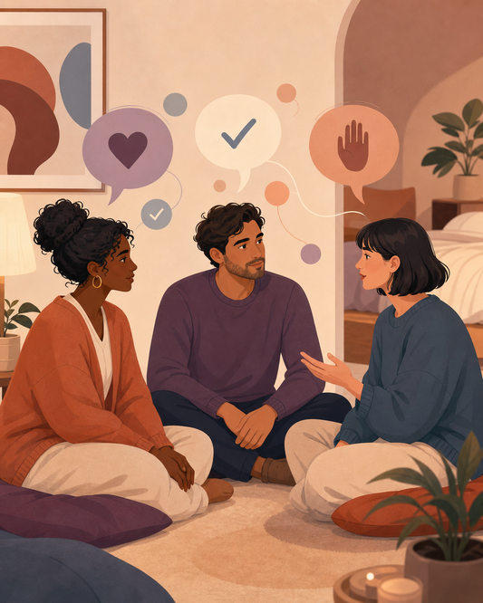 Three adults discussing consent, boundaries and comfort