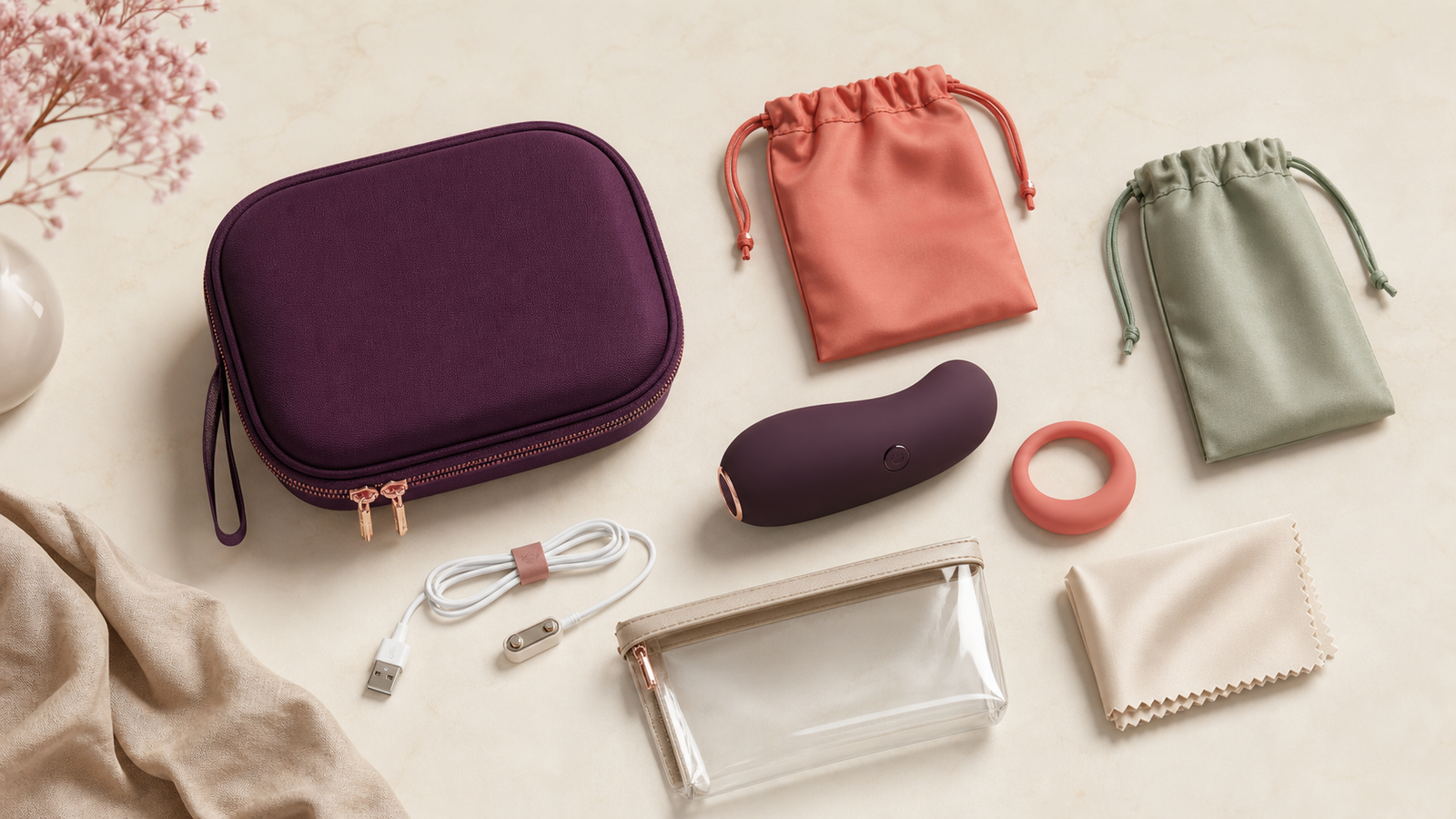 Discreet sex toy storage and travel kit with separate pouches and charging accessories