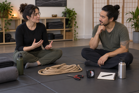 Two fully clothed adults discussing rope activity boundaries and safety