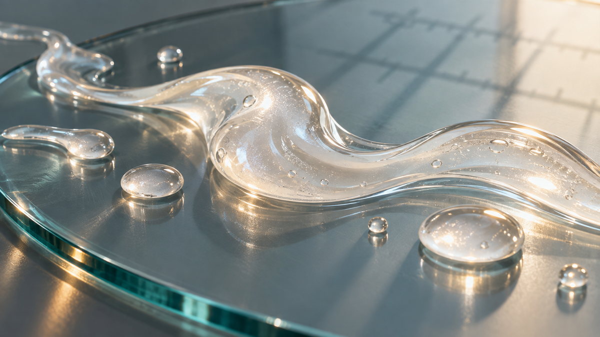 Abstract translucent cosmetic gel sample on a glass surface