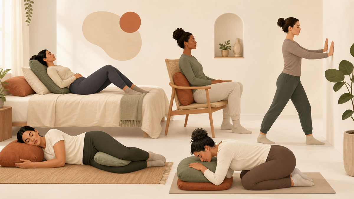 Five fully clothed adults demonstrate supported reclined, side-lying, seated, kneeling and standing positions