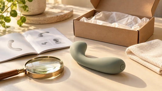 Dry unbranded wellness device beside packaging, a manual and magnifying glass for first-use inspection