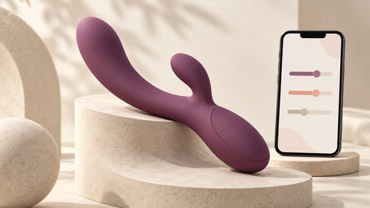 Generic curved dual-zone wellness device beside an abstract control screen; not a Lovense product photograph