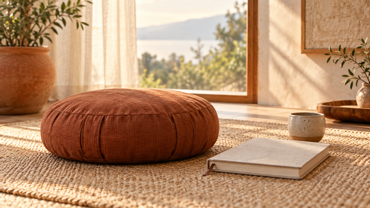 Meditation cushion and closed journal in a quiet sunlit room