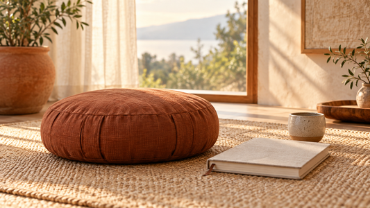 Meditation cushion and closed journal in a quiet sunlit room