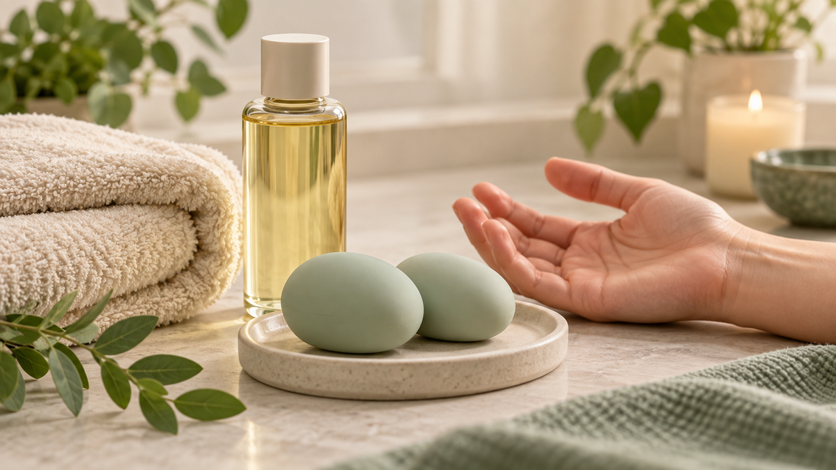 Warm towel, neutral massage bottle and soft oval practice models in a wellness flat lay