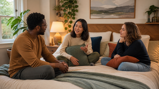 Three fully clothed adults discussing comfort and boundaries on a bed