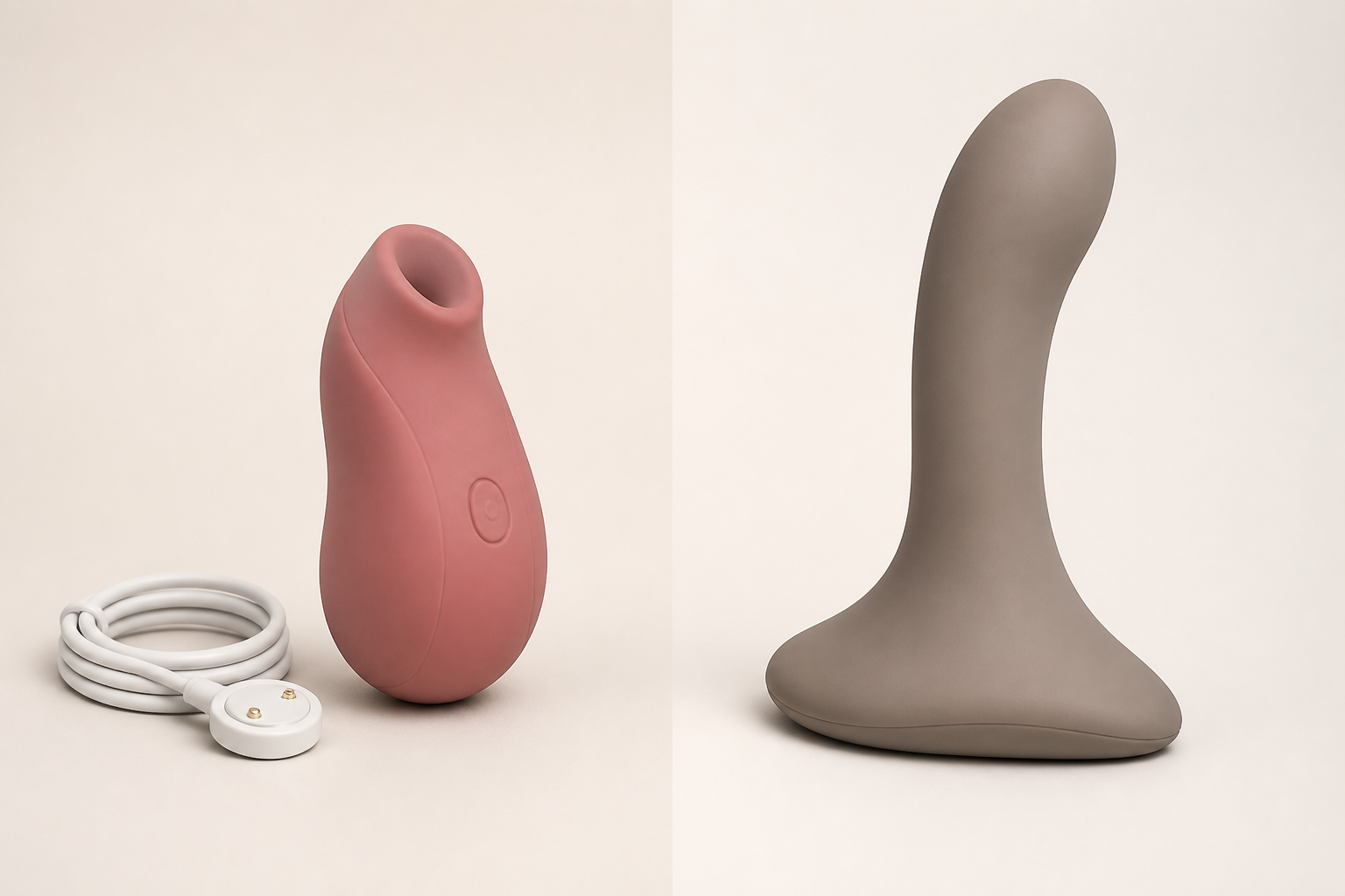 Abstract rechargeable vibrator and non-powered broad-base wellness device shown side by side