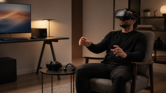 Man using a virtual reality headset in a private room