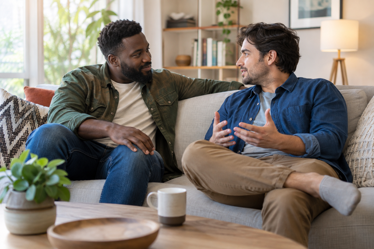 Two adult men having a calm conversation in a living room