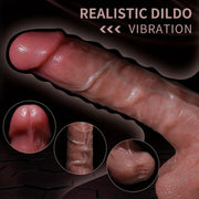 Realistic textured pink dildo close-up with vibrating tip