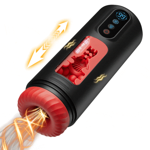 Black heated automatic male stroker in motion with digital display