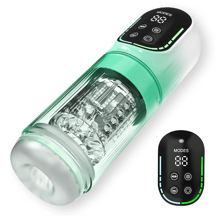 Green Air-Control Motion Stroker with LCD controls and textured sleeve