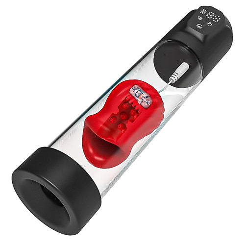 Adjustable vacuum penis pump with clear chamber and red removable insert