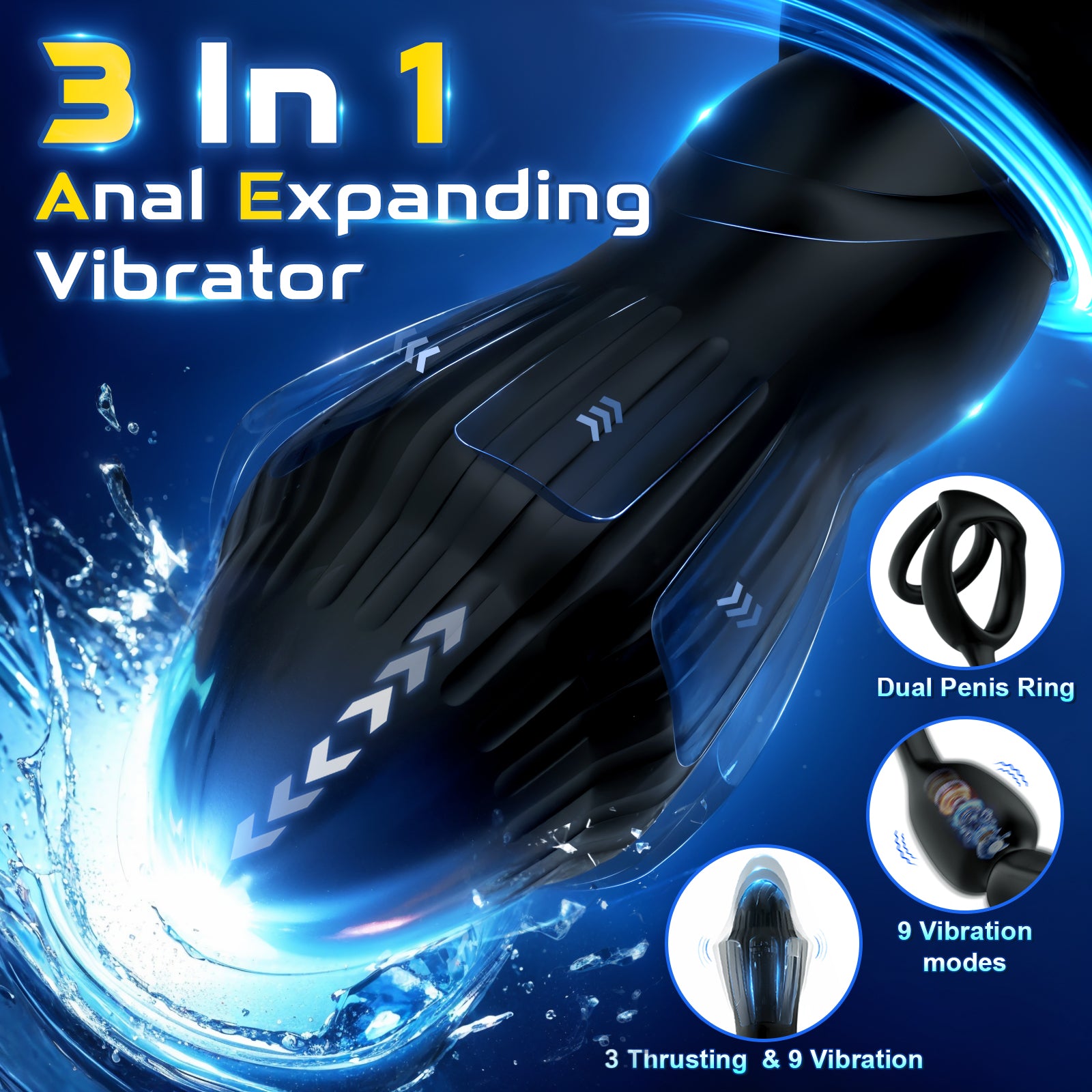 Starship - Prostate Massager: Vibrating, Inflating, Expanding Anal Toy with Dual Rings