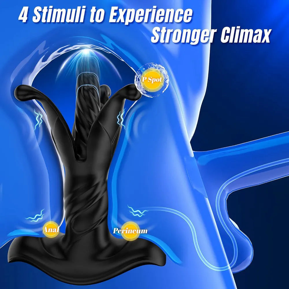 Black expandable prostate massager showing four targeted contact zones