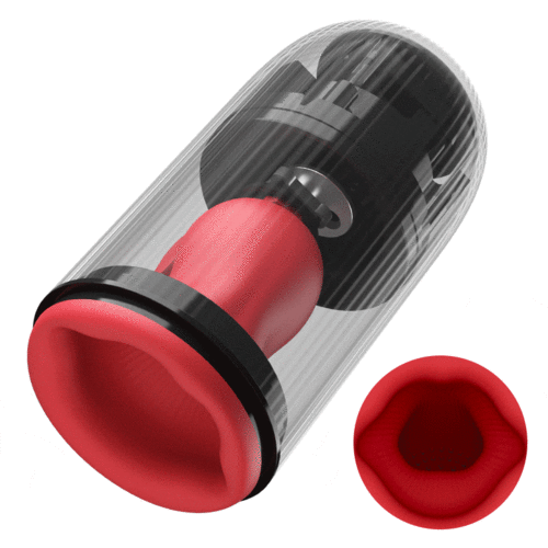 Cyclone clear-chamber stroker with red removable sleeve, angled view