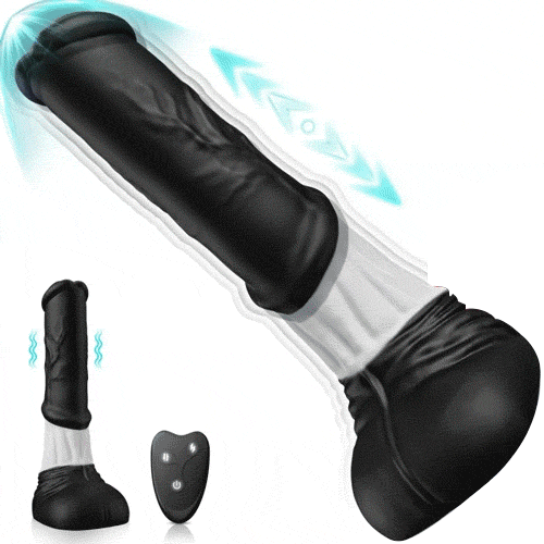 Monster Fantasy thrusting dildo in black with remote control and suction cup base