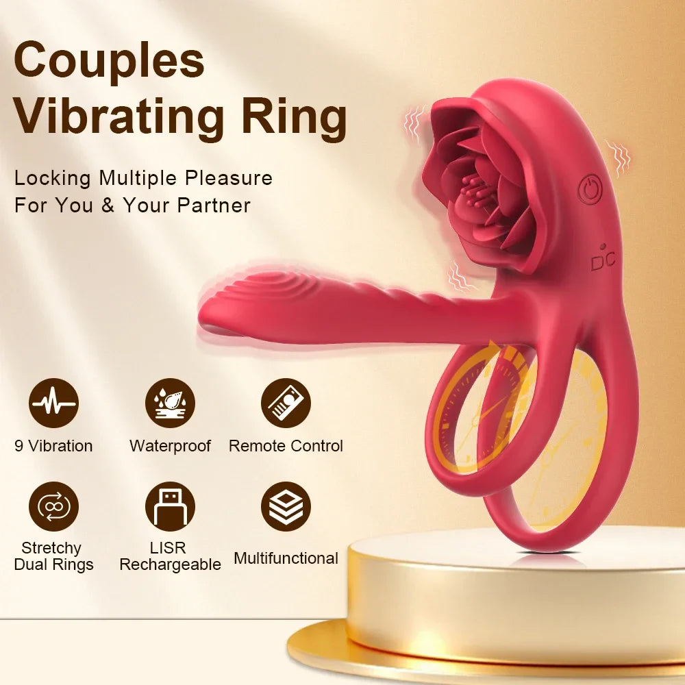 Rose Play 2-in-1 Vibrating Cock Ring Couples Vibrator Sweetstoy