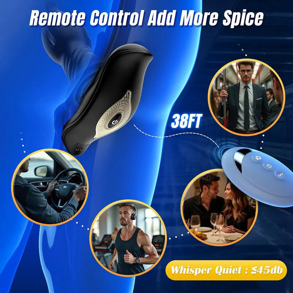 Black expandable prostate massager with wireless remote control range graphic